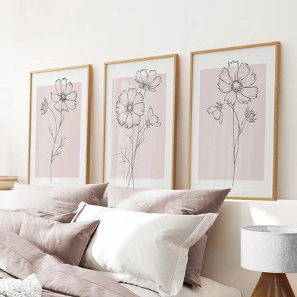 Pink Wall Art Set Of 3 Botanical Modern Decor