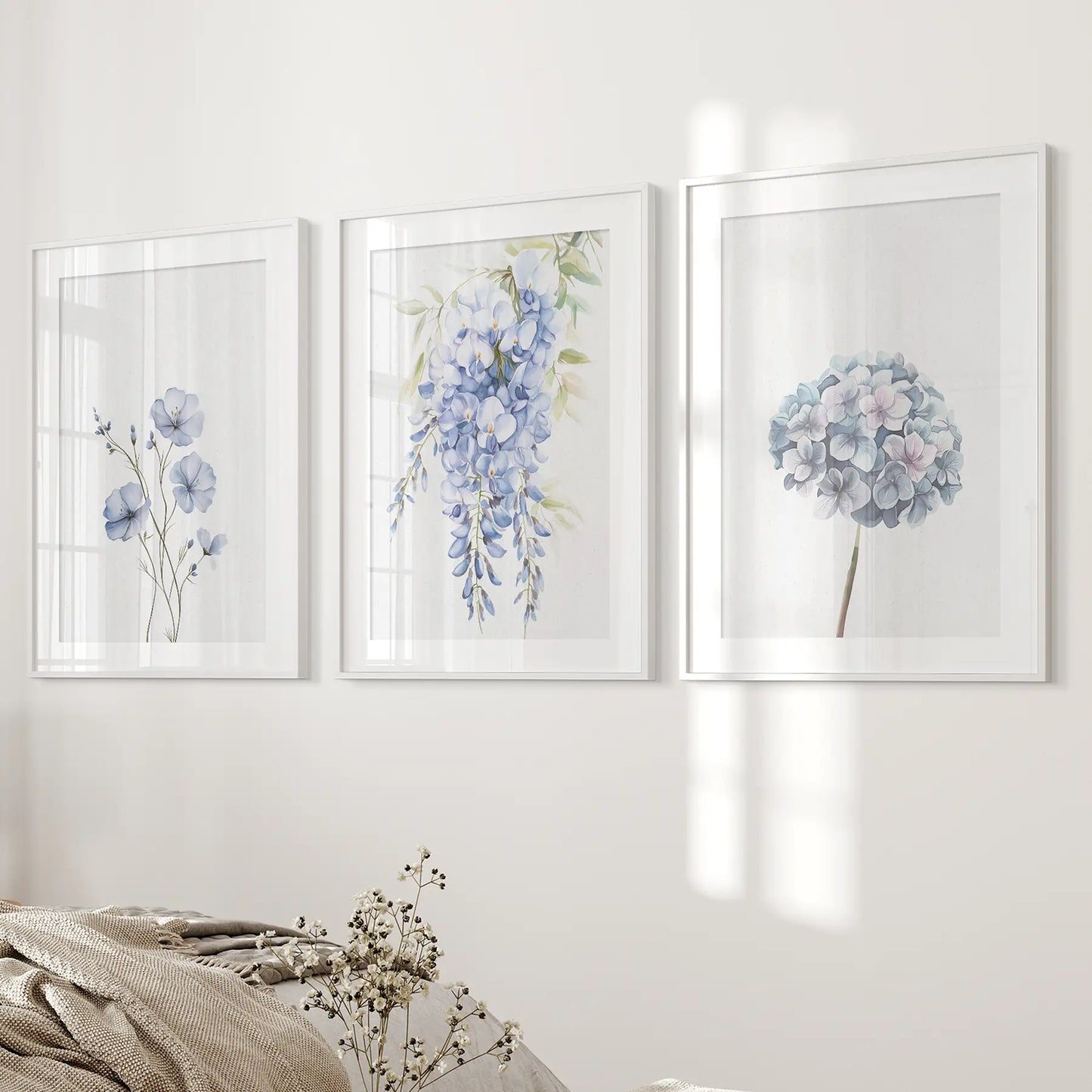 Set of 3 Blue Watercolor Minimalist Flowers Prints