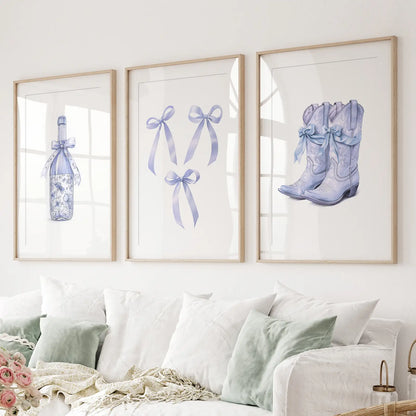 Trendy Blue Bows Girly Wall Art Set of 3 Print