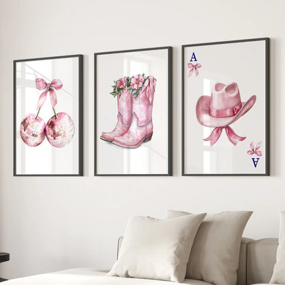 Cowgirl Hat and Boots Wall Art Pink Poster Set
