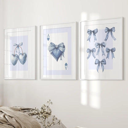 Blue Coquette Bows Wall Art Set of 3 Prints Decor