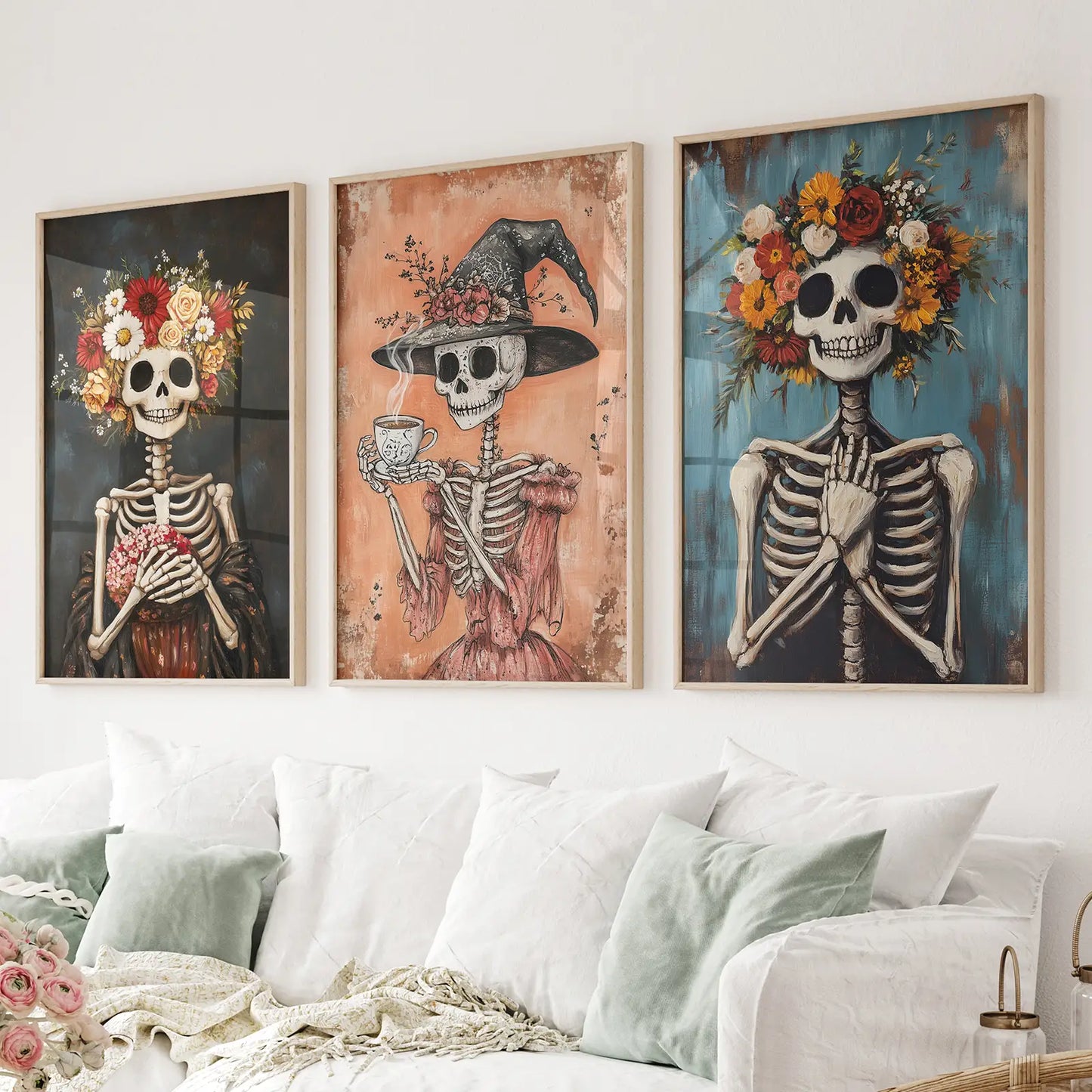 Cozy Floral Skeleton Wall Art Decor Poster Set