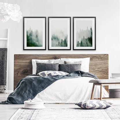 Evergreen Misty Forest Triptych. Set of 3 Prints
