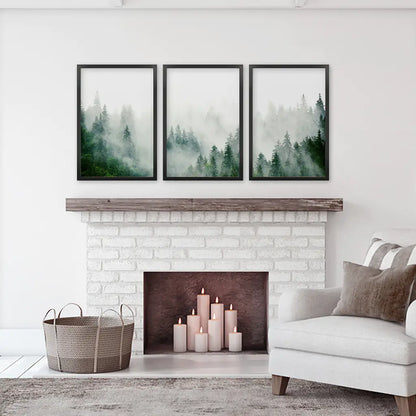 Evergreen Misty Forest Triptych. Set of 3 Prints