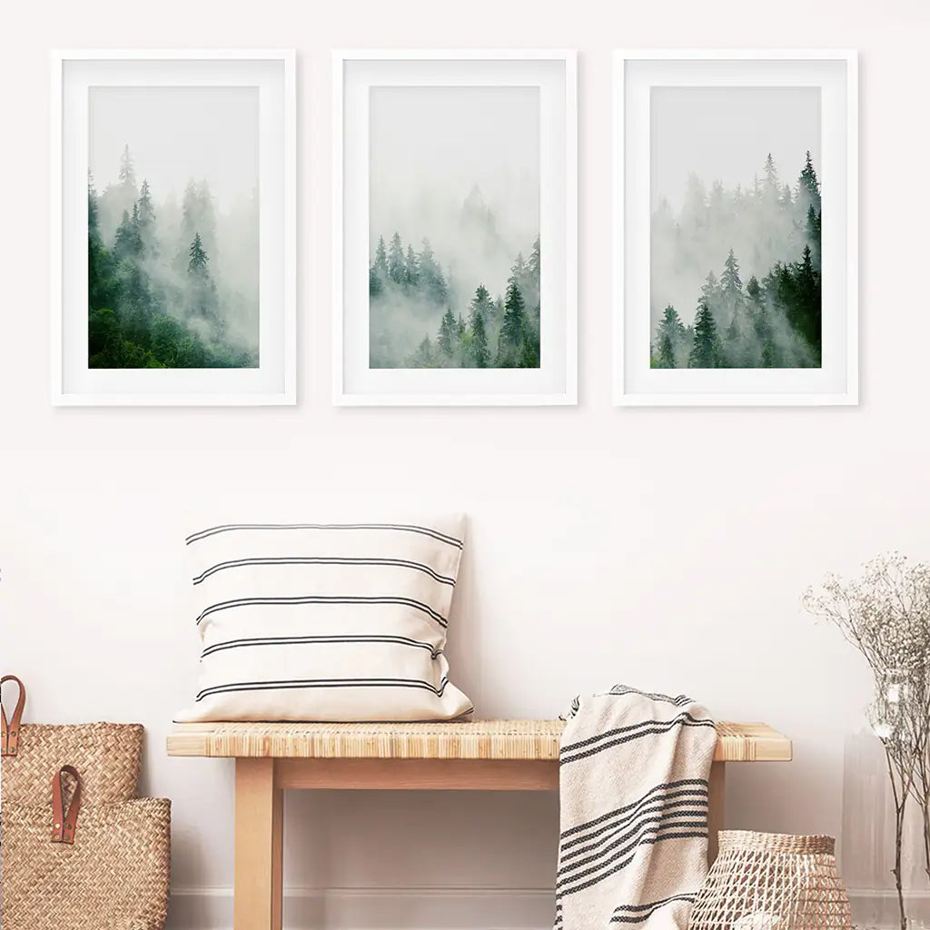 Evergreen Misty Forest Triptych. Set of 3 Prints