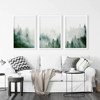 Evergreen Misty Forest Triptych. Set of 3 Prints