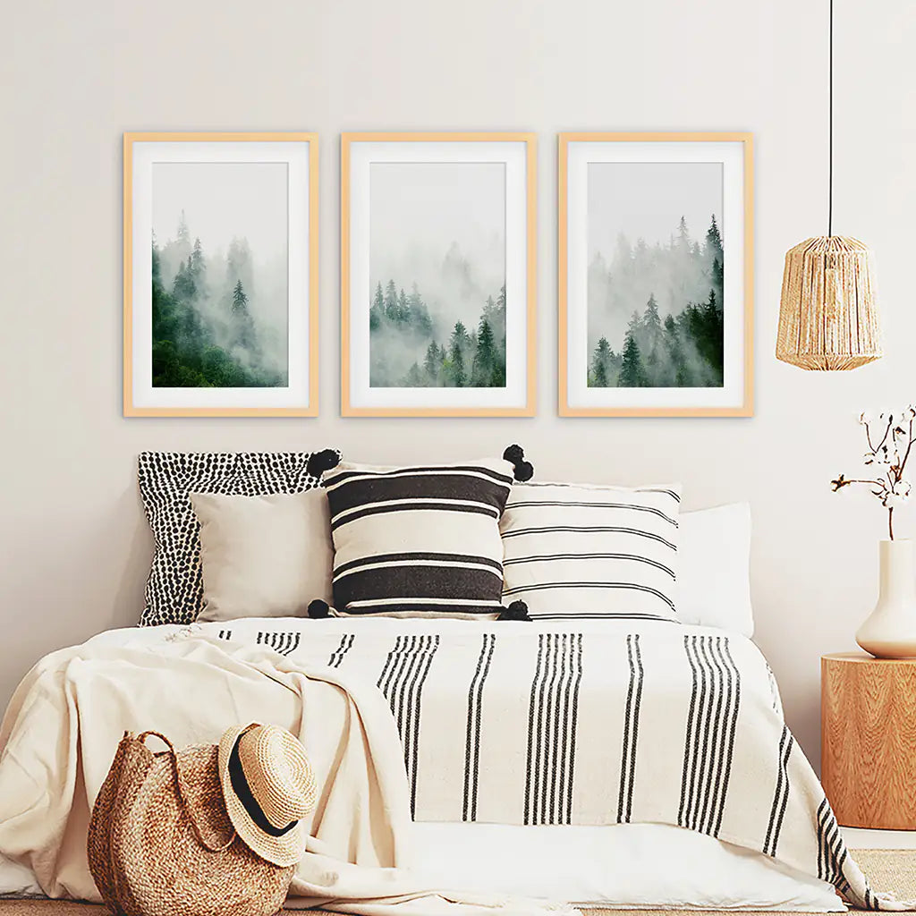Evergreen Misty Forest Triptych. Set of 3 Prints