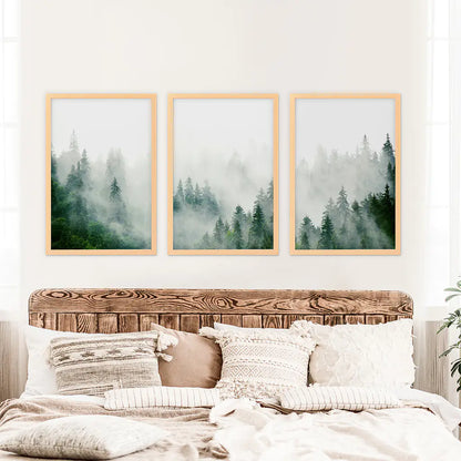 Evergreen Misty Forest Triptych. Set of 3 Prints