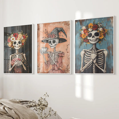 Cozy Floral Skeleton Wall Art Decor Poster Set
