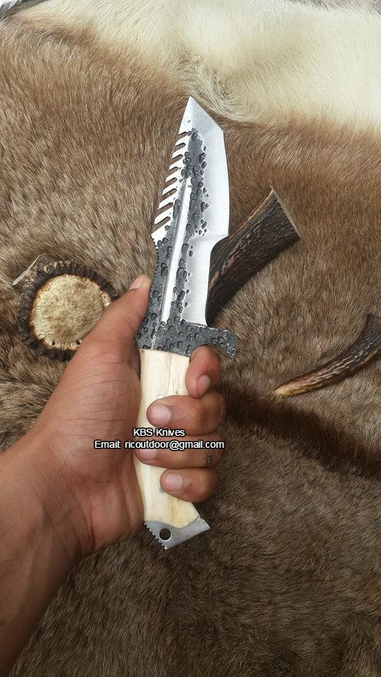Custom Handmade 1095 Steel Tanto Blade Tracker Knife - Full Tang Bone Handle, 10.5" Overall with Horizontal Leather Sheath | Ideal for Survival & Camping | KBS Knives