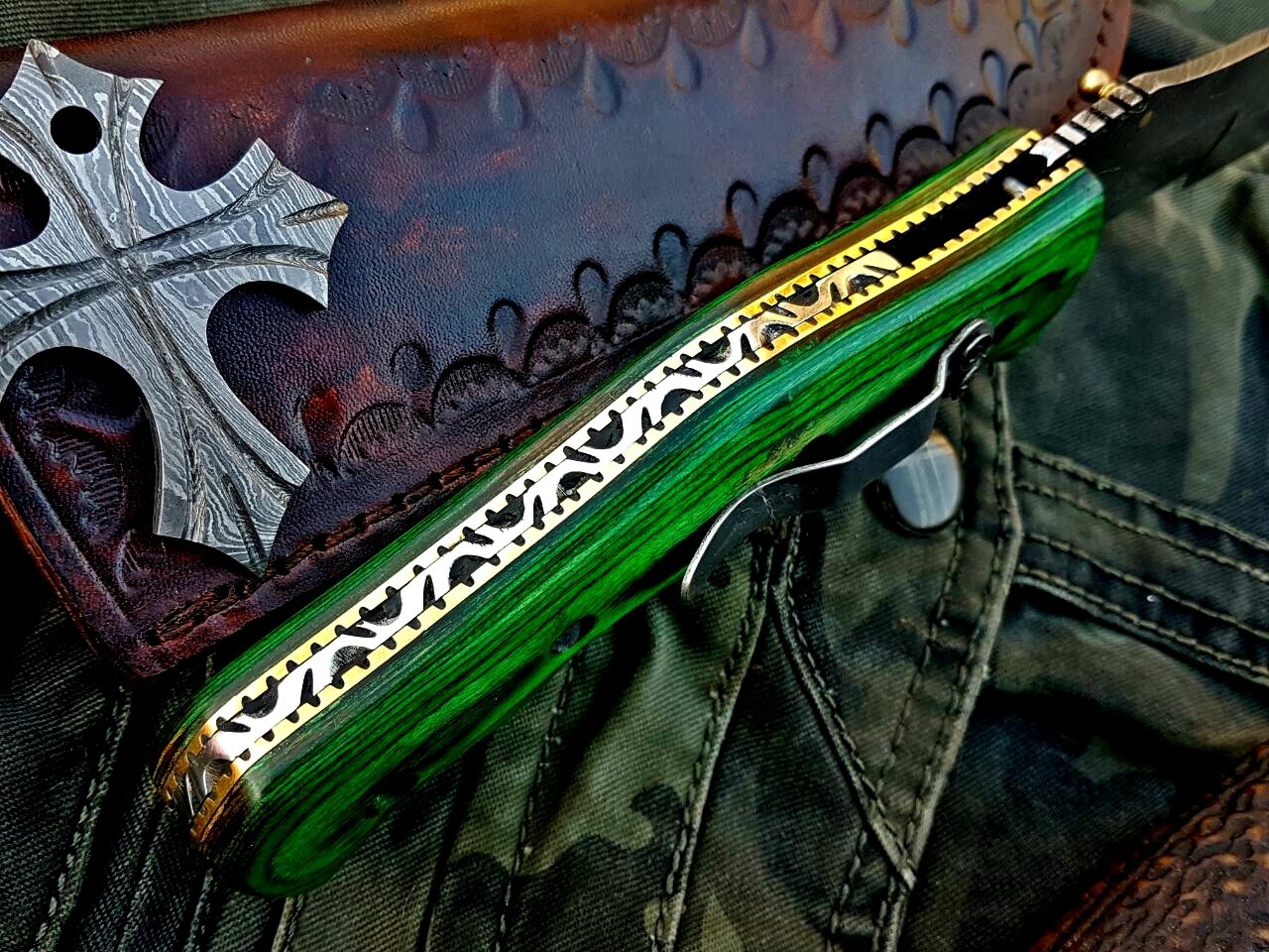 Custom Handcrafted Damascus Steel Tops Tanto Tactical Tracker Folding Knife - Ideal for Survival, Camping & Tactical Use | KBS Knives