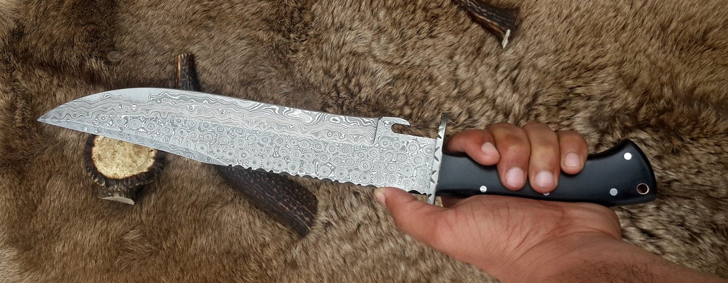 Custom Handmade Wild Pig Hunter Bowie Knife with Raindrops Damascus Steel Blade and Black Micarta Handle - 16 Inches