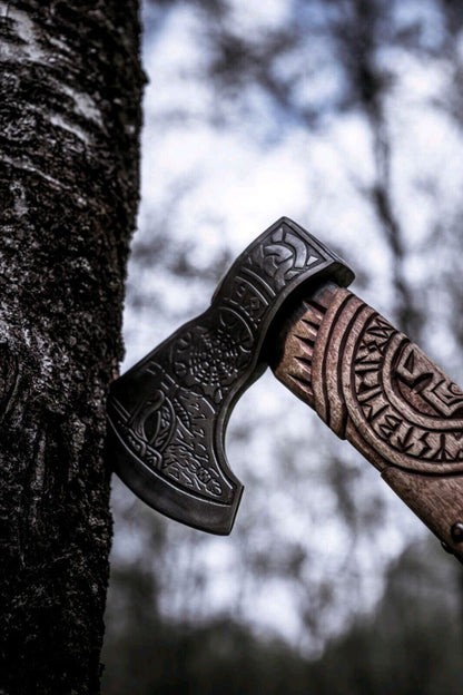 Battle Axe with Custom Handmade Forged Engraved 1095 Steel Blade and Ash Wood Handle – Warlord's Edge