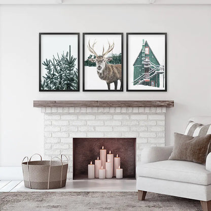 Rustic Christmas Wall Art Set. Trees, Deer, Green Log Cabin