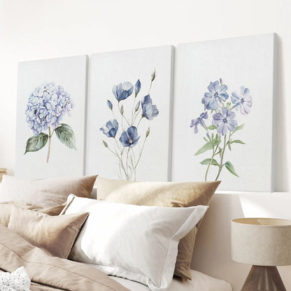Watercolor Blue Flowers.Wall Art Set of 3 Piece