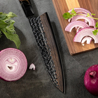 Starfall Japanese Chef Knife Set with Exotic Copper Damascus and Raffir Noble Handle