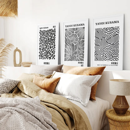 Black White set of 3 Piece Abstract Kusama Art