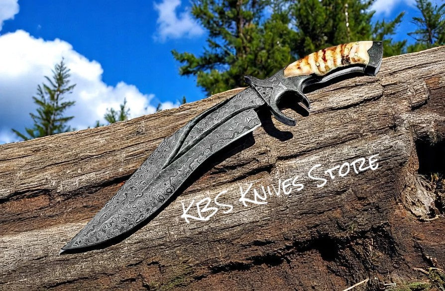 Large Bowie Knife - 11" Damascus Steel with Mountain Sheep Horn Handle & Double Damascus Finger Guard