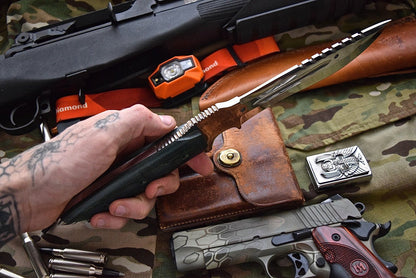 Combat Bushcraft Survival Camping Knife - Custom Handcrafted D2 Mirror Polished Steel Blade, Micarta G10 Handle, 13.5" Overall Length | Leather Sheath | KBS Knives