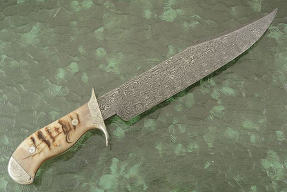 Hand Engraved Tennessee Bowie Knife - Custom Damascus Steel Blade, Ram Horn Handle, Hand Engraved Steel Guard and Bolster, 15" Overall Length | Leather Sheath | KBS Knives