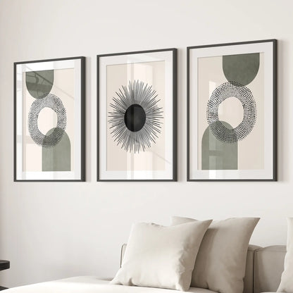 Set of 3 Boho Prints. Sage Green Modern Mid Century Wall Art.
