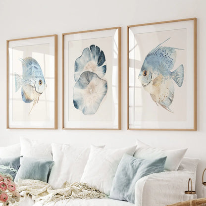 Modern Watercolor Coastal Prints. Fish Wall Art Posters