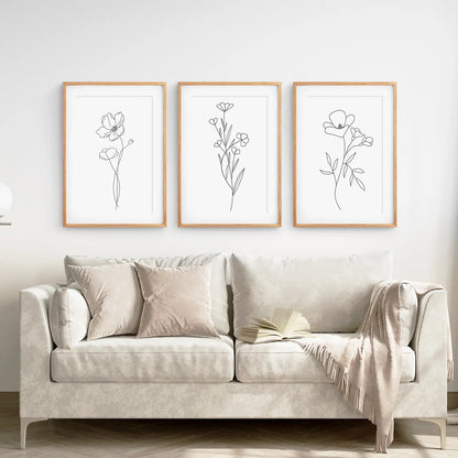 Wildflower Trendy Line Art Set of 3 Wall Decor