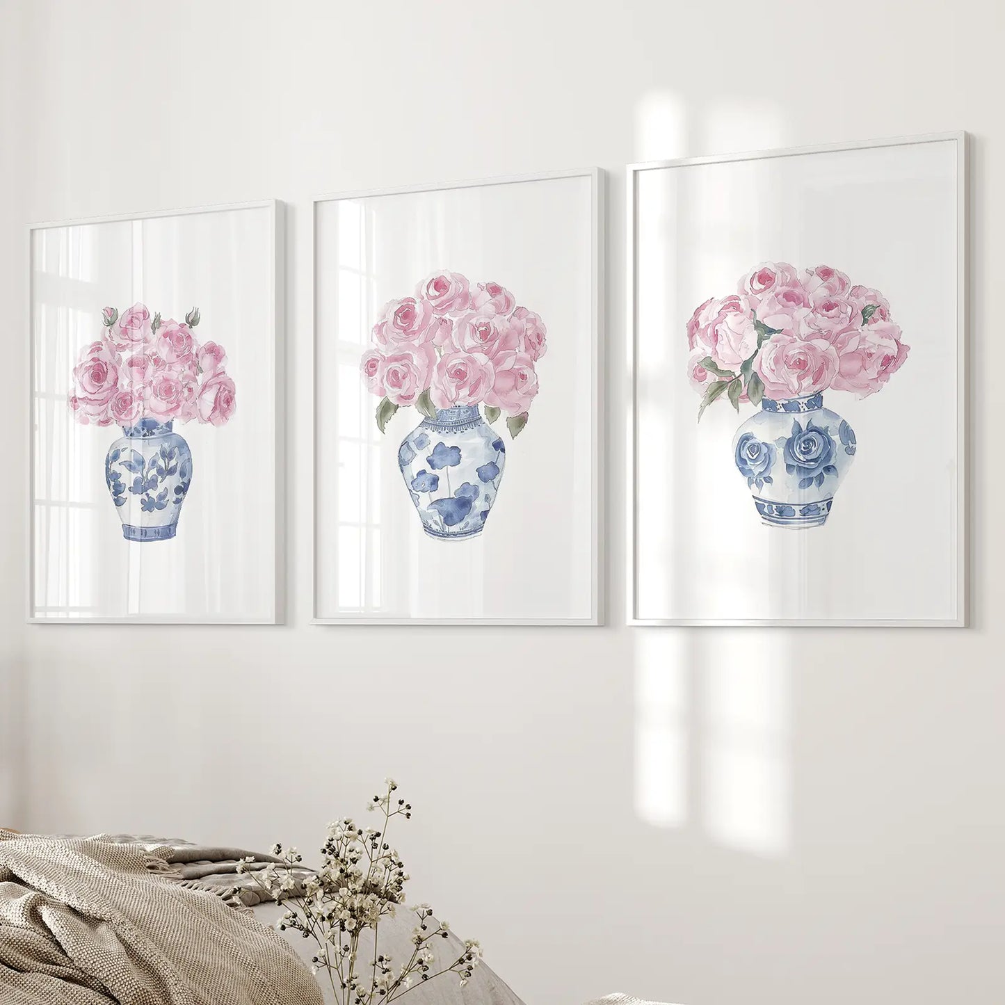 Blue Chinoiserie Watercolor Roses Art Print Set