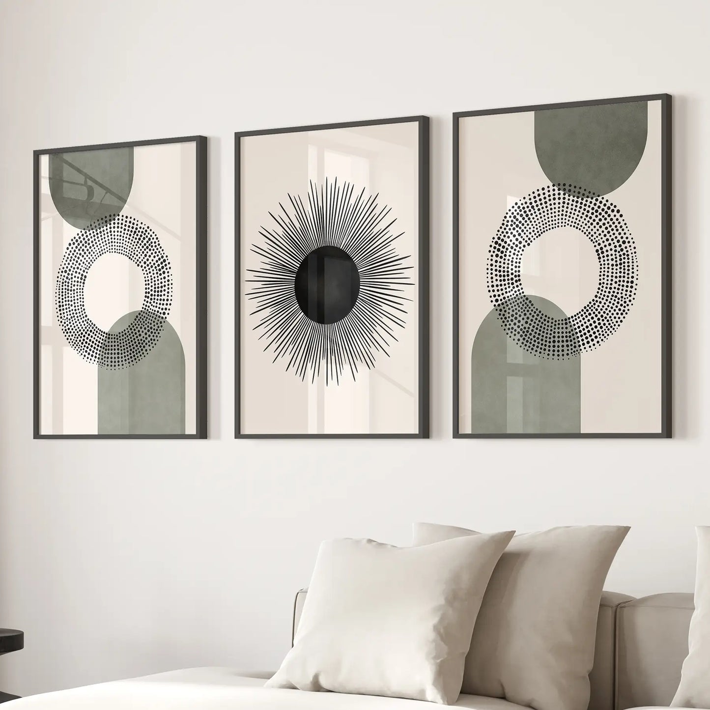 Set of 3 Boho Prints. Sage Green Modern Mid Century Wall Art.