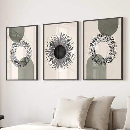 Set of 3 Boho Prints. Sage Green Modern Mid Century Wall Art.