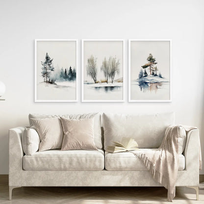 Winter Nature Set of 3 Wall Art Pine Forest Decor
