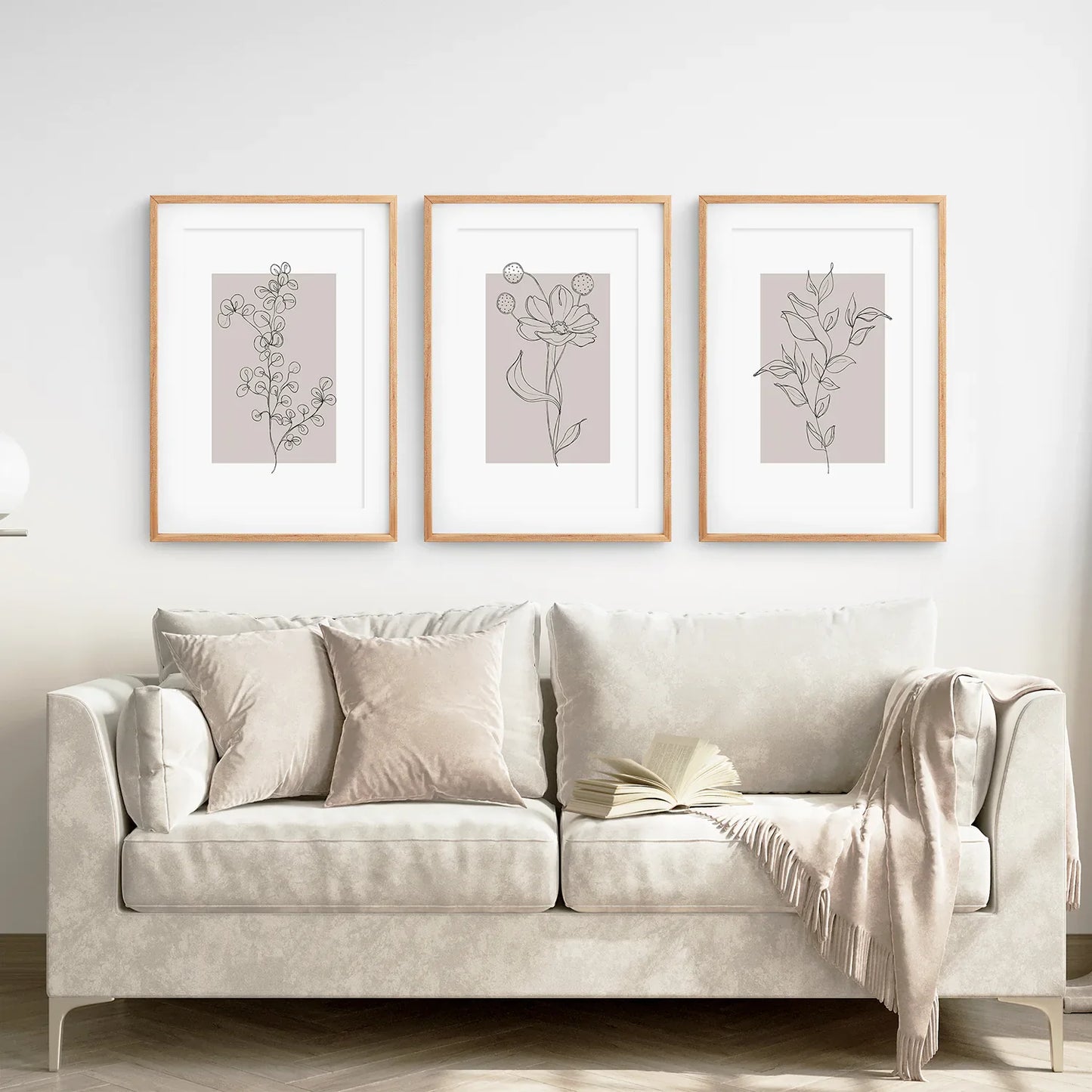 Pastel Botanical Wall Art Set of 3 Pieces. Gray and Beige