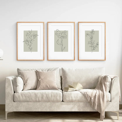 Pastel Wild Flowers Set of 3 Prints. Botanical Line Art