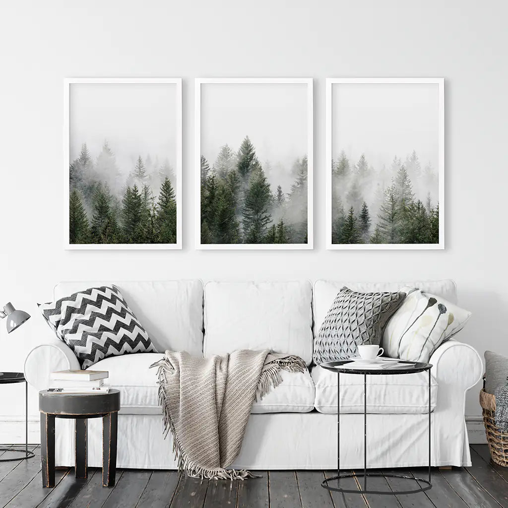Pine Tree Foggy Forest Triptych. Nordic Wall Decor