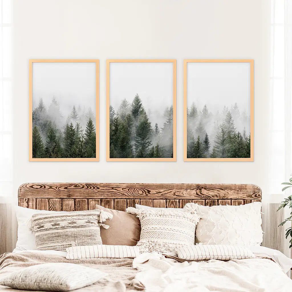 Pine Tree Foggy Forest Triptych. Nordic Wall Decor