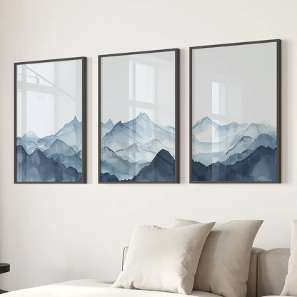 Blue Abstract Watercolor Mountain 3 Piece Decor