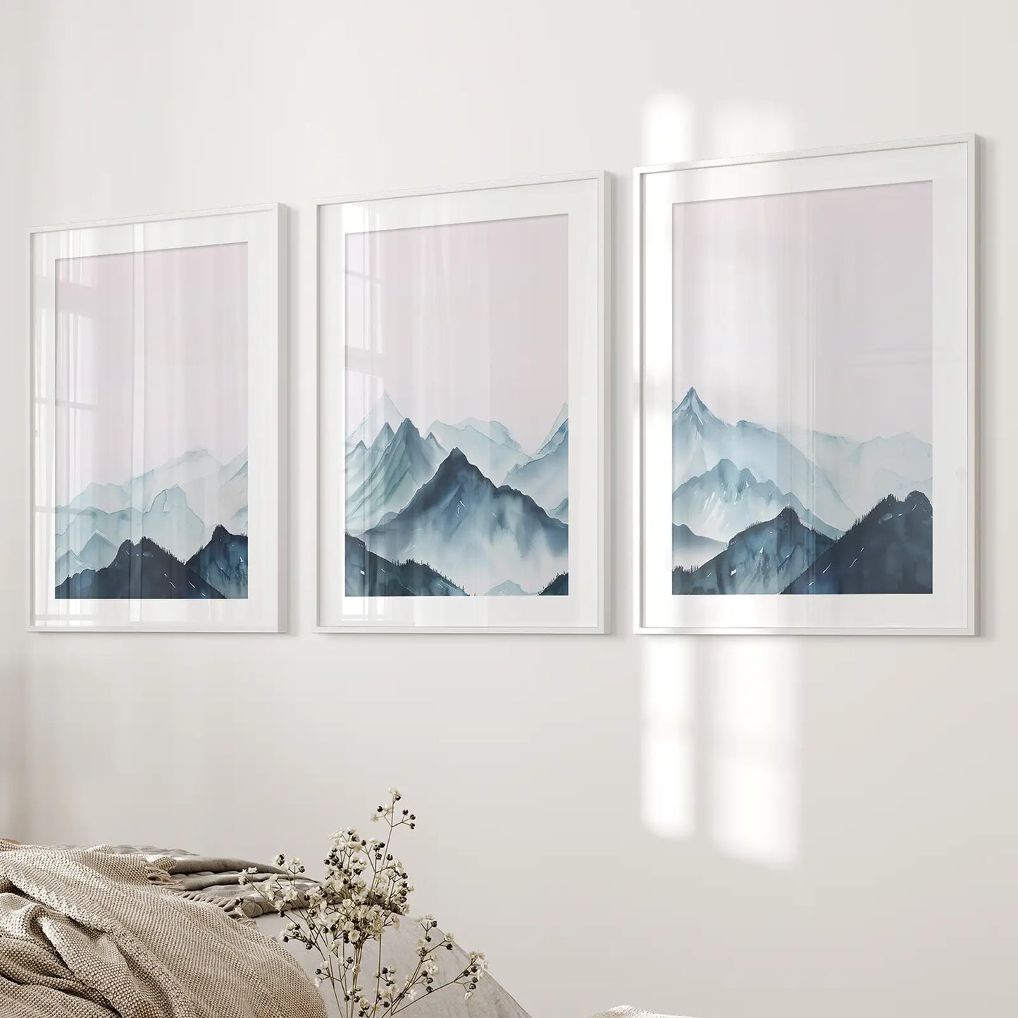 Modern Blue Watercolor Mountain Landscape Prints