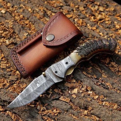 Mountain Majesty - Custom Handcrafted Damascus Steel Folding Pocket Knife with Sheep Horn Handle and Damascus Bolster