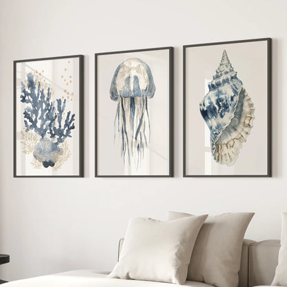 Beach House Wall Art Set. Blue Coral, Jellyfish, Shell