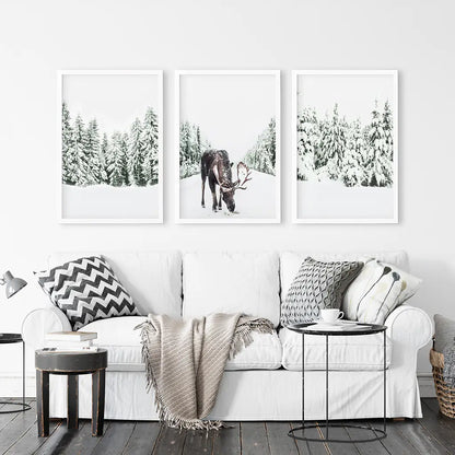 Nordic Winter Wall Art Set of 3. Snowy Forest and Moose