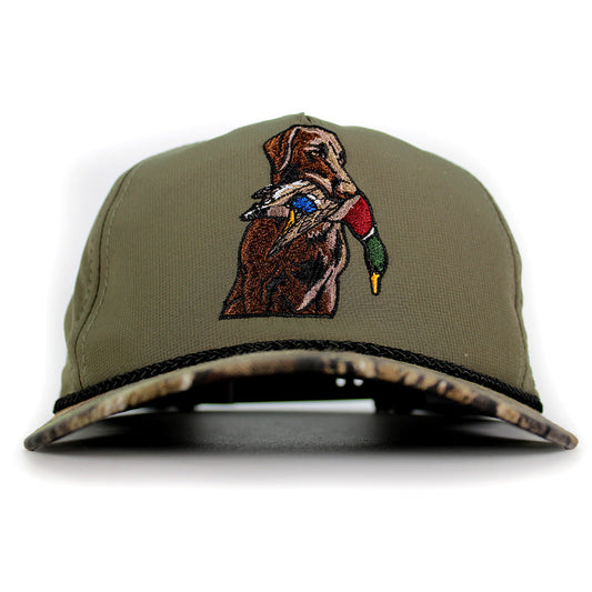 Chocolate Lab Duck Dog 5-Panel Camo Visor