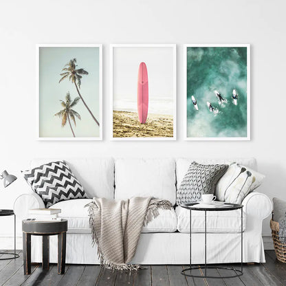 Pink Surfboard Wall Art. Pastel Beach, Waves, Tropical Palms