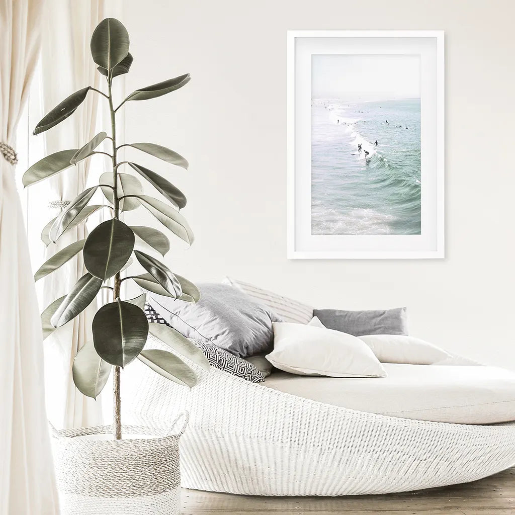 Pastel California Beach Print. Surfers and Ocean Waves
