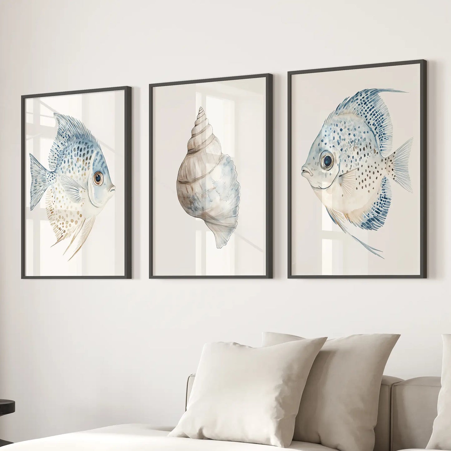 Trendy Nautical Wall Art Set of 3. Seashell and Fishes Posters