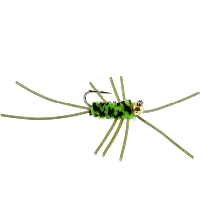 Barbless Pat's Rubber Legs Tungsten Bead Jigged Black/Chartreuse Euro Nymph  - Set of 12 Flies Hook Size 10