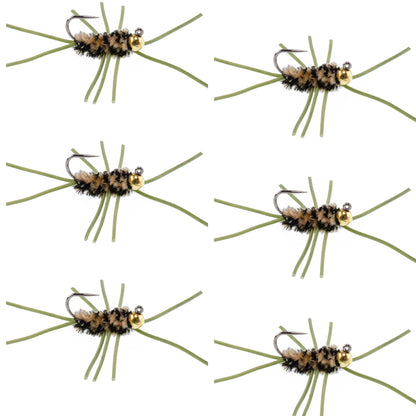 Barbless Pat's Rubber Legs Tungsten Bead Jigged  Coffee/Black Euro Nymph  - Set of 6 Flies Hook Size 10