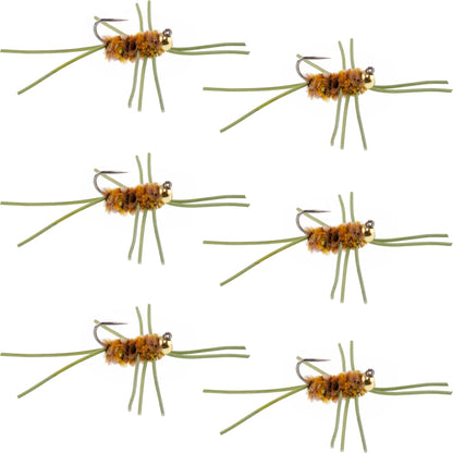 Barbless Pat's Rubber Legs Tungsten Bead Jigged Coffee/Tan Euro Nymph  - Set of 6 Flies Hook Size 10