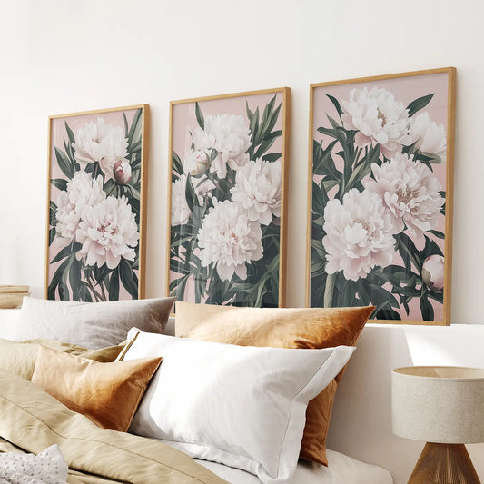 Peonies Flowers Wall Art Set of 3. Pink and Green Decor