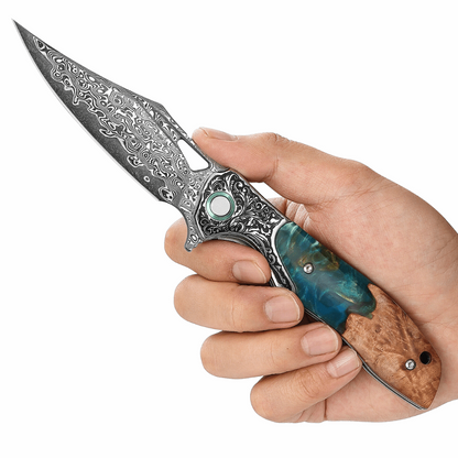Ares Japanese Handmade Pocket Knife with Olive Burl Wood & Resin Handle