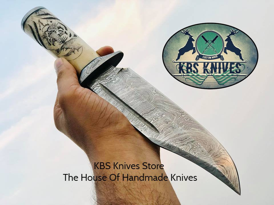 Hand Engraved Hunting Bowie Knife - Custom Handcrafted Damascus Steel Blade, Hand Engraved Bone Handle, Damascus Guard, 12" Overall Length | Leather Sheath | Personalized Engraving Available | KBS Knives
